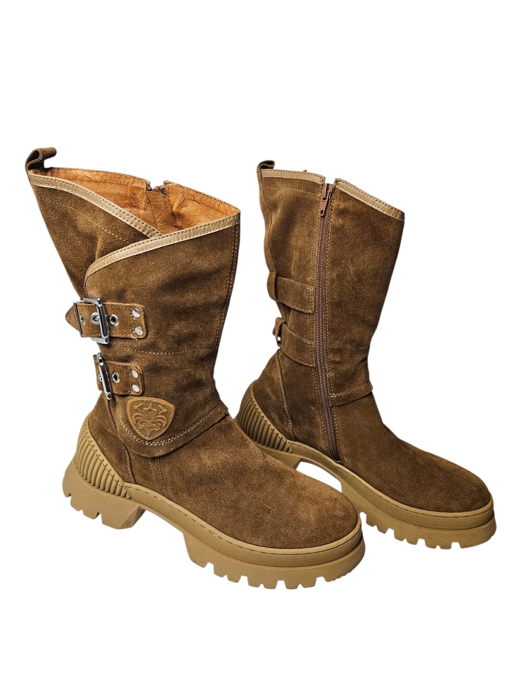 Woman's Brown Suede Combat Moto Boots Buckle Detail Size 39/8 Winter Utility